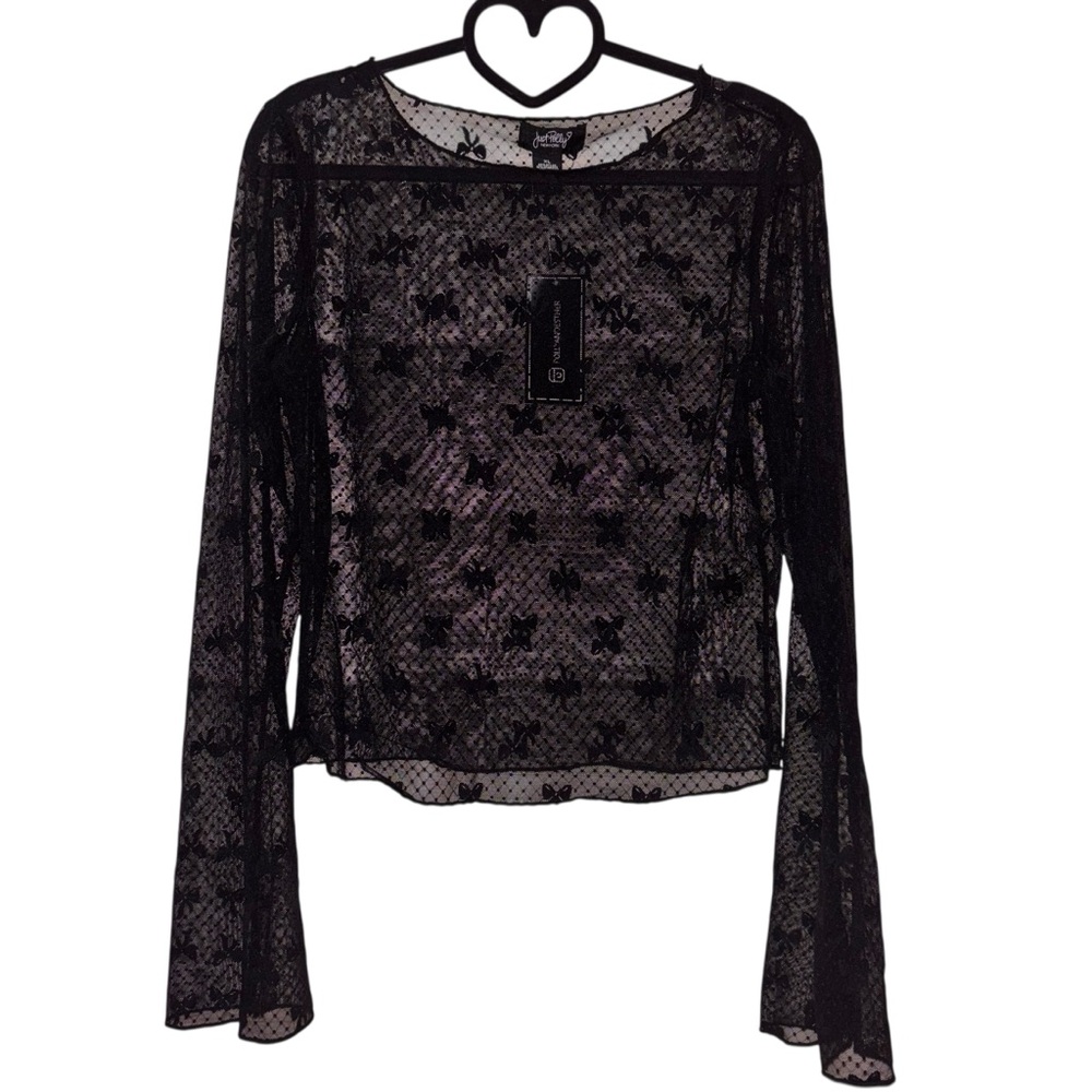 Just Polly New York Sheer Mesh Black Polka Dot- Bows Bell Sleeve New XL